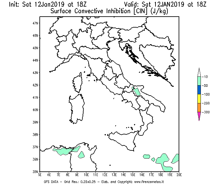 Mappa di analisi GFS - CIN [J/kg] in Italia
									del 12/01/2019 18 <!--googleoff: index-->UTC<!--googleon: index-->