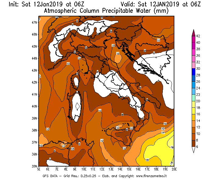 Mappa di analisi GFS - Precipitable Water [mm] in Italia
							del 12/01/2019 06 <!--googleoff: index-->UTC<!--googleon: index-->