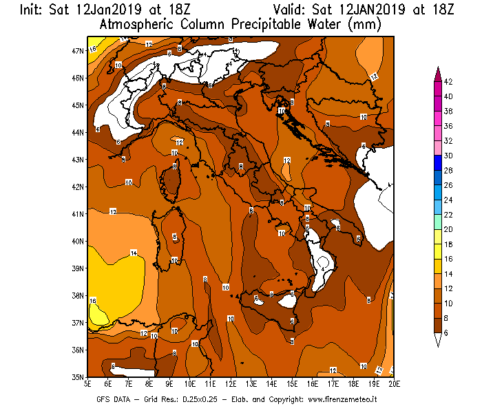 Mappa di analisi GFS - Precipitable Water [mm] in Italia
									del 12/01/2019 18 <!--googleoff: index-->UTC<!--googleon: index-->