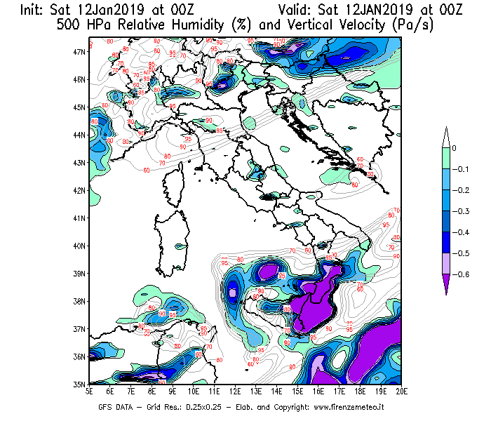 Mappa di analisi GFS - Umidità relativa [%] e Omega [Pa/s] a 500 hPa in Italia
									del 12/01/2019 00 <!--googleoff: index-->UTC<!--googleon: index-->