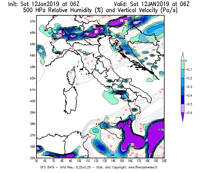 Mappa di analisi GFS - Umidità relativa [%] e Omega [Pa/s] a 500 hPa in Italia
							del 12/01/2019 06 <!--googleoff: index-->UTC<!--googleon: index-->