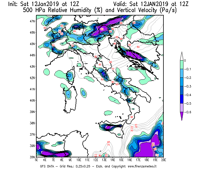 Mappa di analisi GFS - Umidità relativa [%] e Omega [Pa/s] a 500 hPa in Italia
							del 12/01/2019 12 <!--googleoff: index-->UTC<!--googleon: index-->