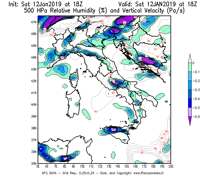 Mappa di analisi GFS - Umidità relativa [%] e Omega [Pa/s] a 500 hPa in Italia
									del 12/01/2019 18 <!--googleoff: index-->UTC<!--googleon: index-->