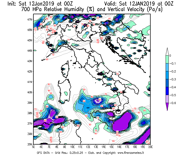 Mappa di analisi GFS - Umidità relativa [%] e Omega [Pa/s] a 700 hPa in Italia
									del 12/01/2019 00 <!--googleoff: index-->UTC<!--googleon: index-->