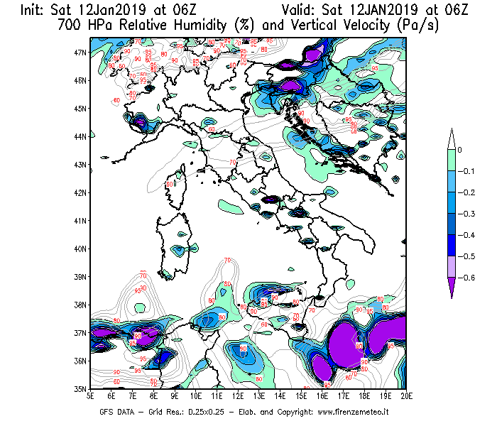 Mappa di analisi GFS - Umidità relativa [%] e Omega [Pa/s] a 700 hPa in Italia
									del 12/01/2019 06 <!--googleoff: index-->UTC<!--googleon: index-->