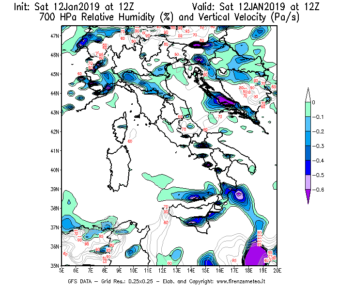 Mappa di analisi GFS - Umidità relativa [%] e Omega [Pa/s] a 700 hPa in Italia
									del 12/01/2019 12 <!--googleoff: index-->UTC<!--googleon: index-->