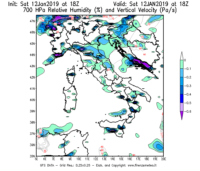 Mappa di analisi GFS - Umidità relativa [%] e Omega [Pa/s] a 700 hPa in Italia
							del 12/01/2019 18 <!--googleoff: index-->UTC<!--googleon: index-->