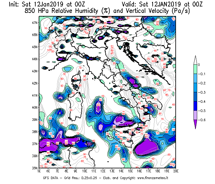 Mappa di analisi GFS - Umidità relativa [%] e Omega [Pa/s] a 850 hPa in Italia
							del 12/01/2019 00 <!--googleoff: index-->UTC<!--googleon: index-->
