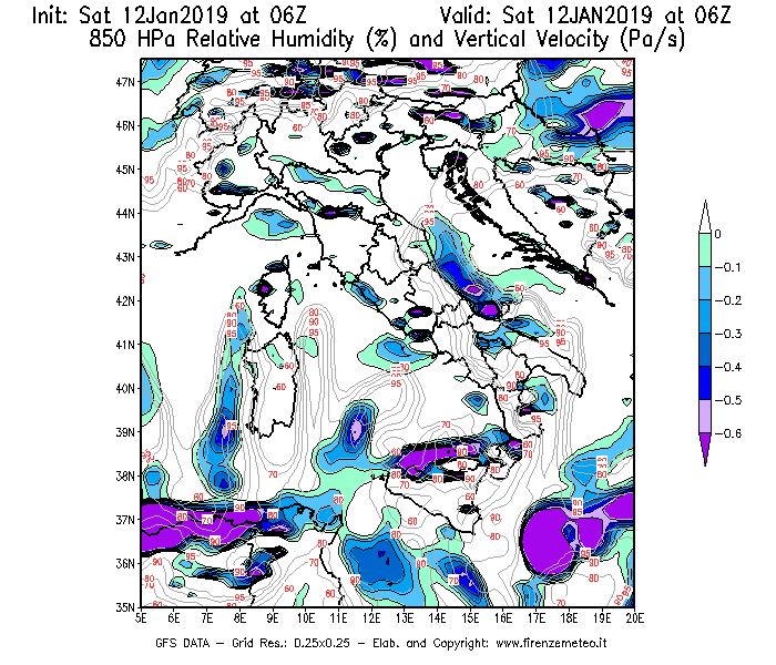 Mappa di analisi GFS - Umidità relativa [%] e Omega [Pa/s] a 850 hPa in Italia
									del 12/01/2019 06 <!--googleoff: index-->UTC<!--googleon: index-->