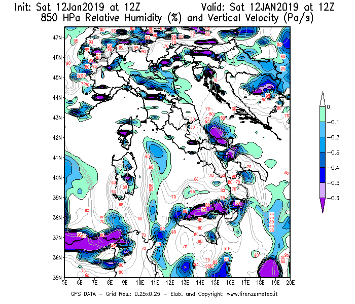 Mappa di analisi GFS - Umidità relativa [%] e Omega [Pa/s] a 850 hPa in Italia
									del 12/01/2019 12 <!--googleoff: index-->UTC<!--googleon: index-->