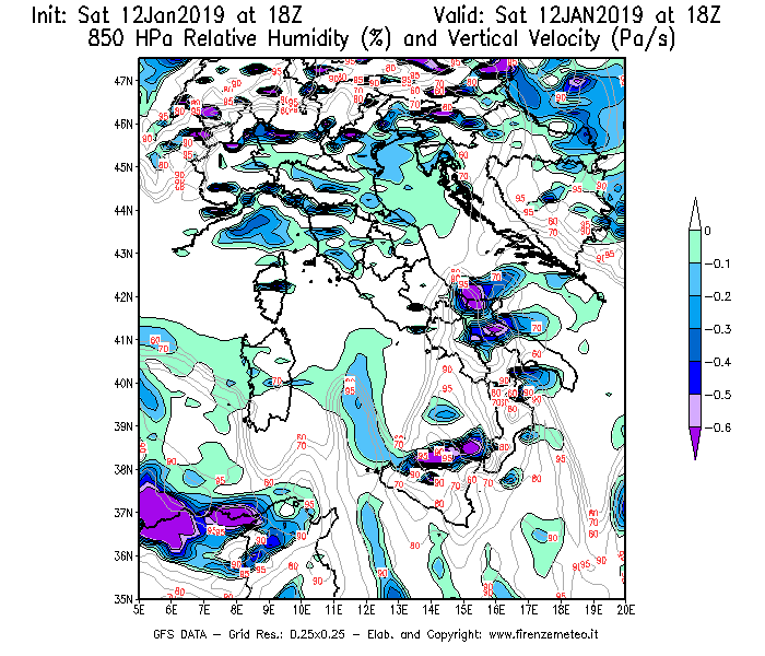 Mappa di analisi GFS - Umidità relativa [%] e Omega [Pa/s] a 850 hPa in Italia
							del 12/01/2019 18 <!--googleoff: index-->UTC<!--googleon: index-->