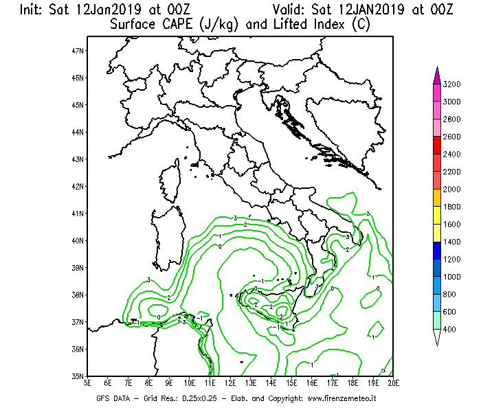 Mappa di analisi GFS - CAPE [J/kg] e Lifted Index [°C] in Italia
							del 12/01/2019 00 <!--googleoff: index-->UTC<!--googleon: index-->