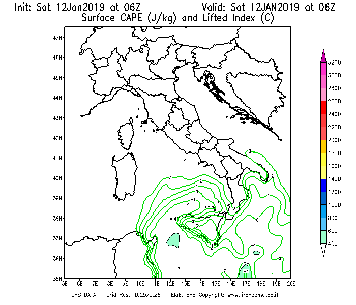 Mappa di analisi GFS - CAPE [J/kg] e Lifted Index [°C] in Italia
							del 12/01/2019 06 <!--googleoff: index-->UTC<!--googleon: index-->