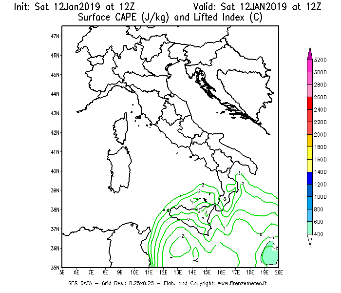 Mappa di analisi GFS - CAPE [J/kg] e Lifted Index [°C] in Italia
							del 12/01/2019 12 <!--googleoff: index-->UTC<!--googleon: index-->