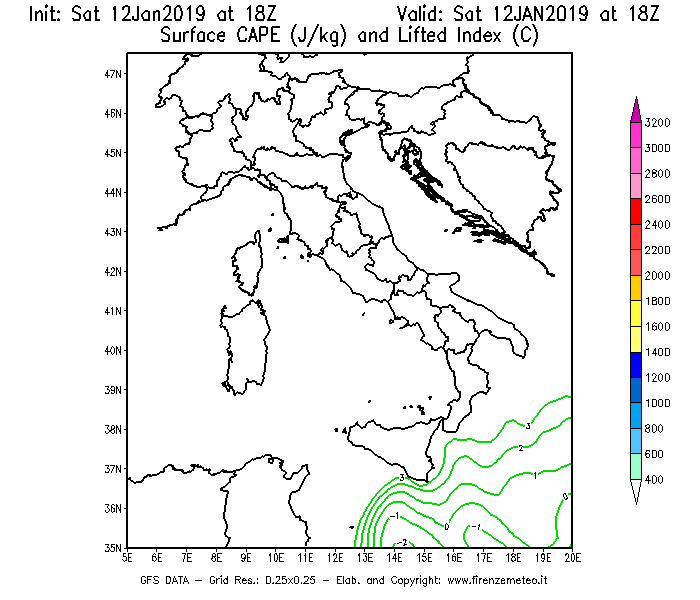 Mappa di analisi GFS - CAPE [J/kg] e Lifted Index [°C] in Italia
									del 12/01/2019 18 <!--googleoff: index-->UTC<!--googleon: index-->