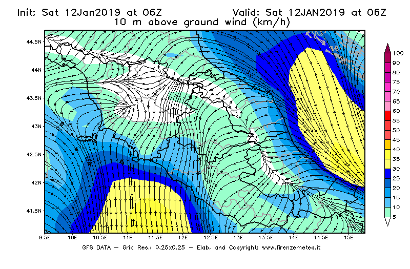 Mappa di analisi GFS - Velocità del vento a 10 metri dal suolo [km/h] in Centro-Italia
							del 12/01/2019 06 <!--googleoff: index-->UTC<!--googleon: index-->