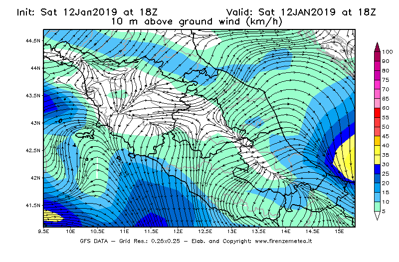 Mappa di analisi GFS - Velocità del vento a 10 metri dal suolo [km/h] in Centro-Italia
							del 12/01/2019 18 <!--googleoff: index-->UTC<!--googleon: index-->