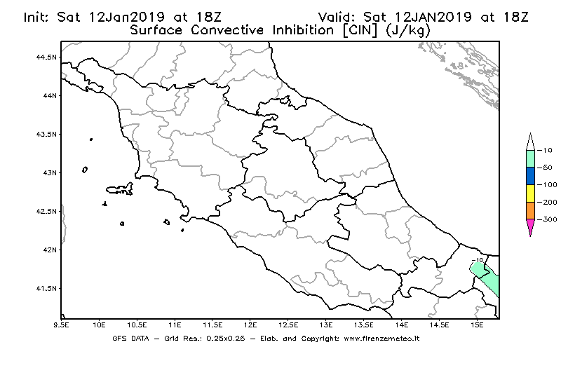 Mappa di analisi GFS - CIN [J/kg] in Centro-Italia
									del 12/01/2019 18 <!--googleoff: index-->UTC<!--googleon: index-->