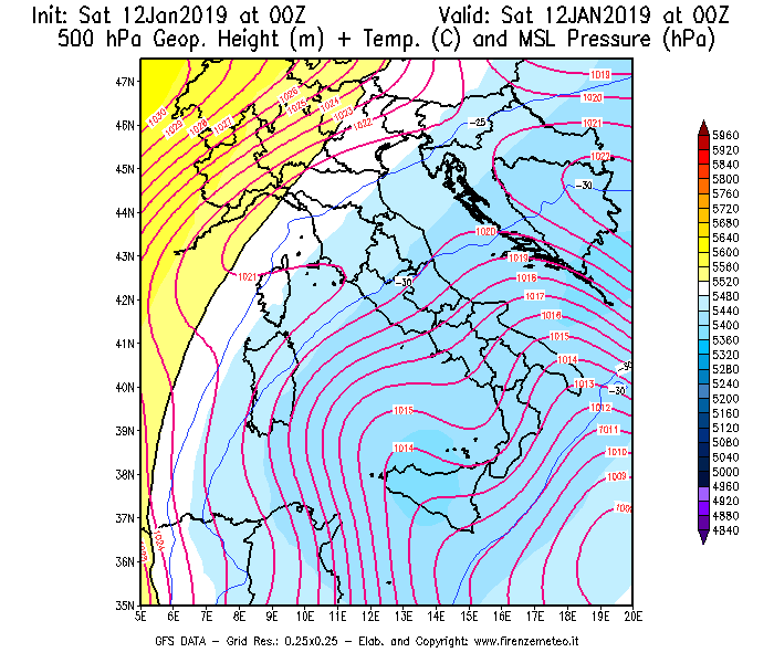 Mappa di analisi GFS - Geopotenziale [m] + Temp. [°C] a 500 hPa + Press. a livello del mare [hPa] in Italia
									del 12/01/2019 00 <!--googleoff: index-->UTC<!--googleon: index-->