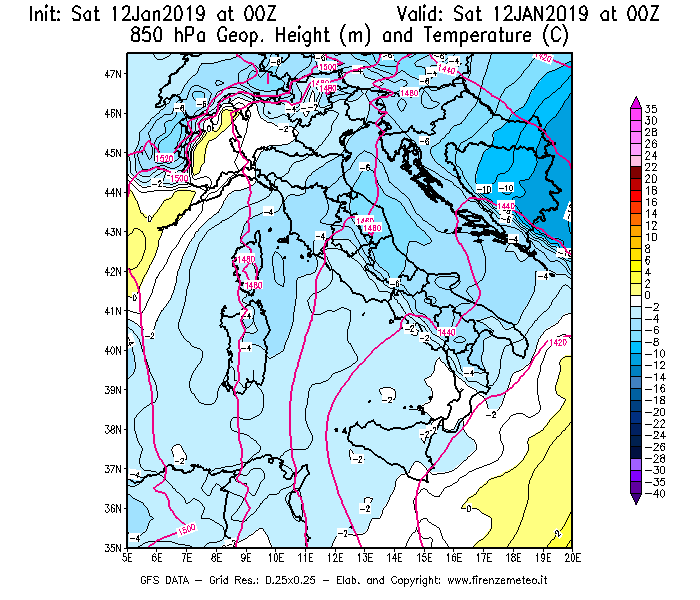 Mappa di analisi GFS - Geopotenziale [m] e Temperatura [°C] a 850 hPa in Italia
									del 12/01/2019 00 <!--googleoff: index-->UTC<!--googleon: index-->