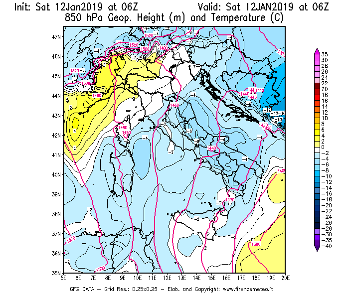 Mappa di analisi GFS - Geopotenziale [m] e Temperatura [°C] a 850 hPa in Italia
									del 12/01/2019 06 <!--googleoff: index-->UTC<!--googleon: index-->