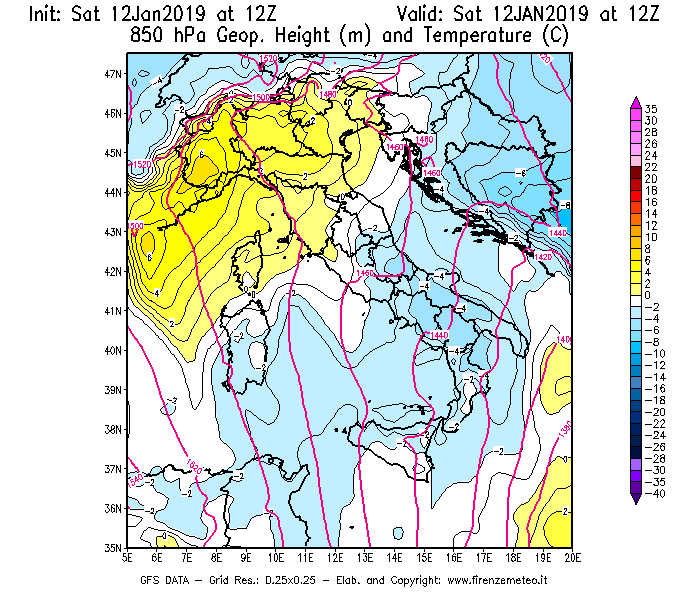 Mappa di analisi GFS - Geopotenziale [m] e Temperatura [°C] a 850 hPa in Italia
									del 12/01/2019 12 <!--googleoff: index-->UTC<!--googleon: index-->