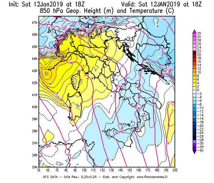 Mappa di analisi GFS - Geopotenziale [m] e Temperatura [°C] a 850 hPa in Italia
									del 12/01/2019 18 <!--googleoff: index-->UTC<!--googleon: index-->
