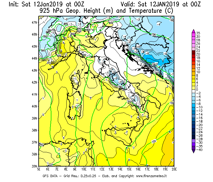 Mappa di analisi GFS - Geopotenziale [m] e Temperatura [°C] a 925 hPa in Italia
									del 12/01/2019 00 <!--googleoff: index-->UTC<!--googleon: index-->