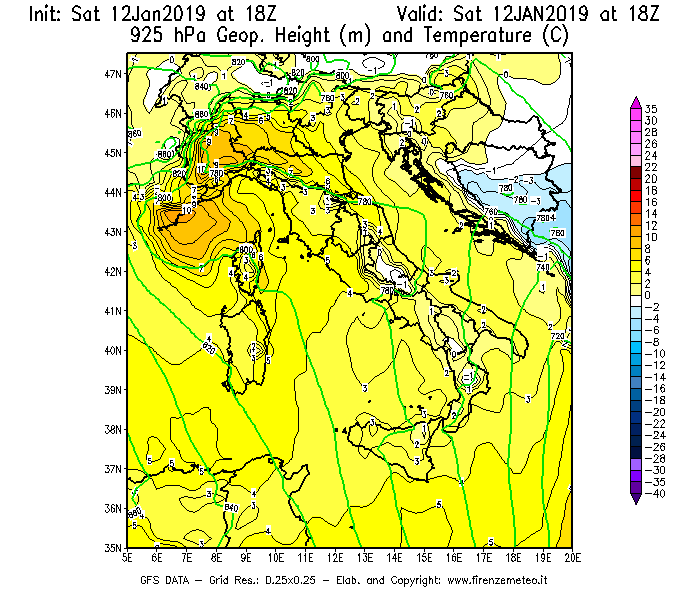Mappa di analisi GFS - Geopotenziale [m] e Temperatura [°C] a 925 hPa in Italia
							del 12/01/2019 18 <!--googleoff: index-->UTC<!--googleon: index-->