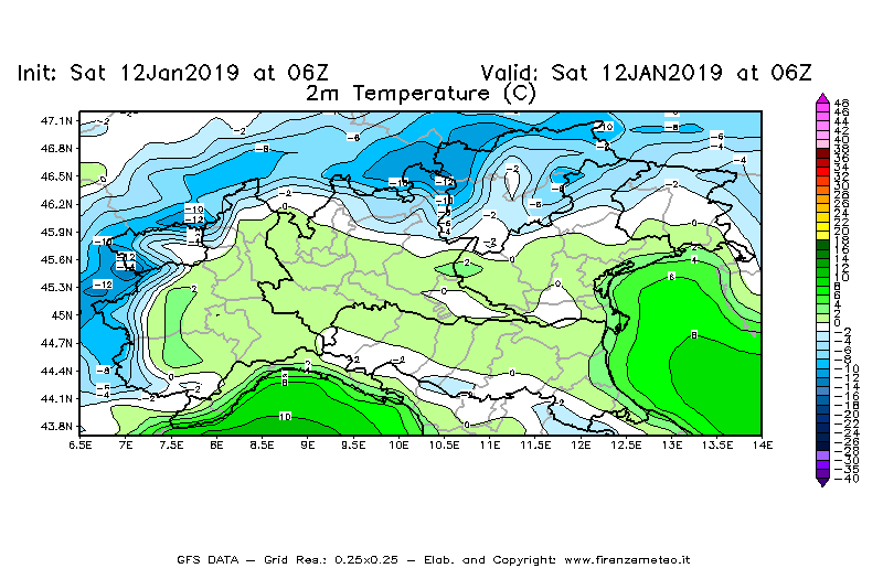 Mappa di analisi GFS - Temperatura a 2 metri dal suolo [°C] in Nord-Italia
									del 12/01/2019 06 <!--googleoff: index-->UTC<!--googleon: index-->