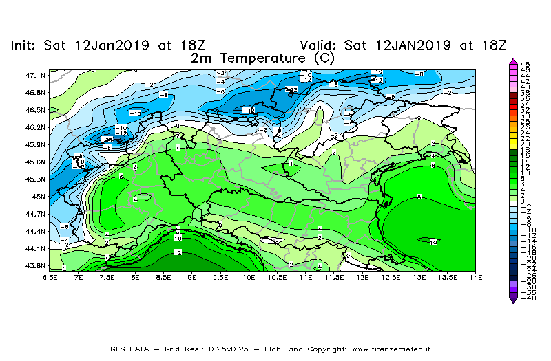 Mappa di analisi GFS - Temperatura a 2 metri dal suolo [°C] in Nord-Italia
							del 12/01/2019 18 <!--googleoff: index-->UTC<!--googleon: index-->