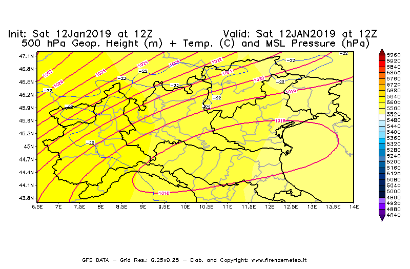 Mappa di analisi GFS - Geopotenziale [m] + Temp. [°C] a 500 hPa + Press. a livello del mare [hPa] in Nord-Italia
							del 12/01/2019 12 <!--googleoff: index-->UTC<!--googleon: index-->