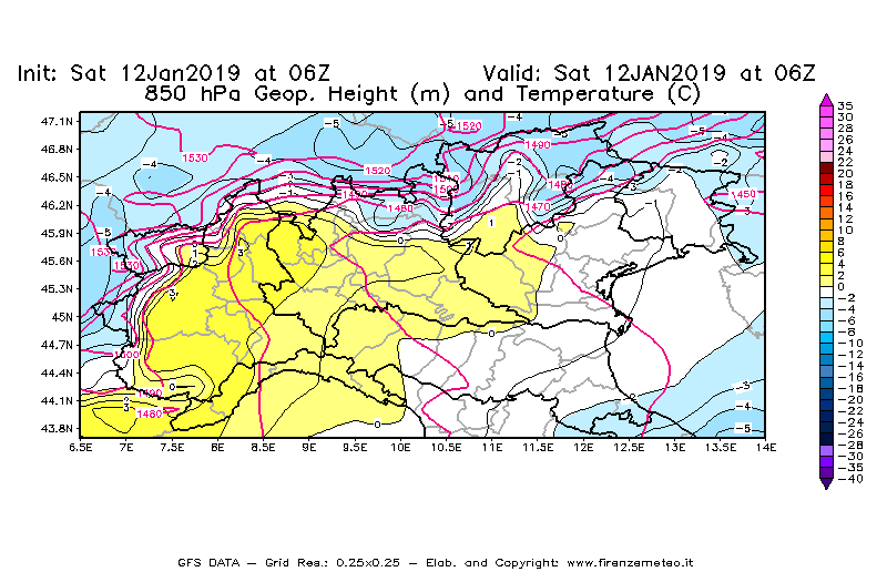 Mappa di analisi GFS - Geopotenziale [m] e Temperatura [°C] a 850 hPa in Nord-Italia
									del 12/01/2019 06 <!--googleoff: index-->UTC<!--googleon: index-->