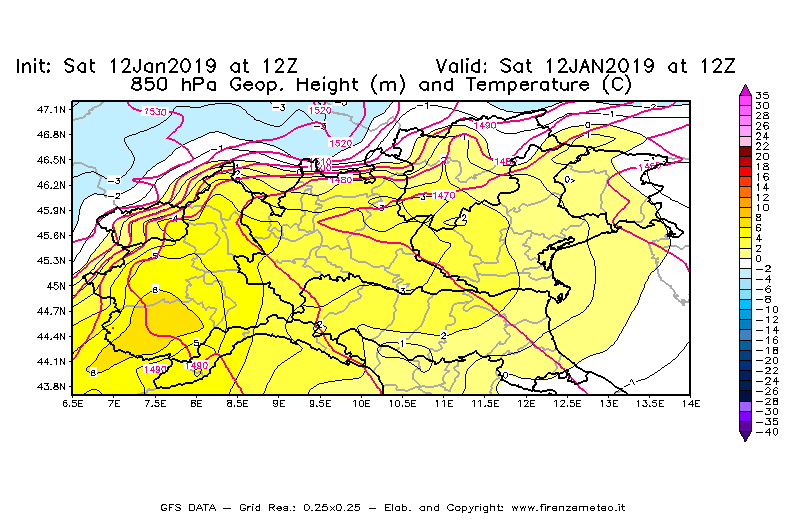 Mappa di analisi GFS - Geopotenziale [m] e Temperatura [°C] a 850 hPa in Nord-Italia
							del 12/01/2019 12 <!--googleoff: index-->UTC<!--googleon: index-->