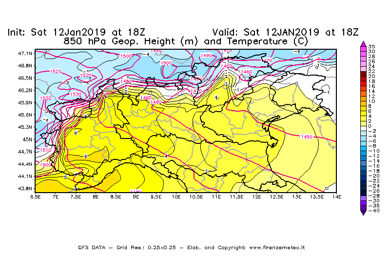 Mappa di analisi GFS - Geopotenziale [m] e Temperatura [°C] a 850 hPa in Nord-Italia
							del 12/01/2019 18 <!--googleoff: index-->UTC<!--googleon: index-->