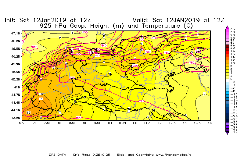 Mappa di analisi GFS - Geopotenziale [m] e Temperatura [°C] a 925 hPa in Nord-Italia
									del 12/01/2019 12 <!--googleoff: index-->UTC<!--googleon: index-->