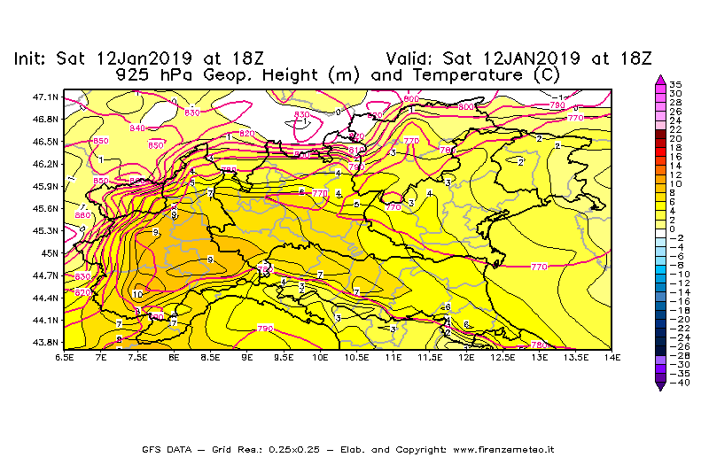 Mappa di analisi GFS - Geopotenziale [m] e Temperatura [°C] a 925 hPa in Nord-Italia
							del 12/01/2019 18 <!--googleoff: index-->UTC<!--googleon: index-->