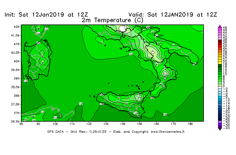 Mappa di analisi GFS - Temperatura a 2 metri dal suolo [°C] in Sud-Italia
							del 12/01/2019 12 <!--googleoff: index-->UTC<!--googleon: index-->