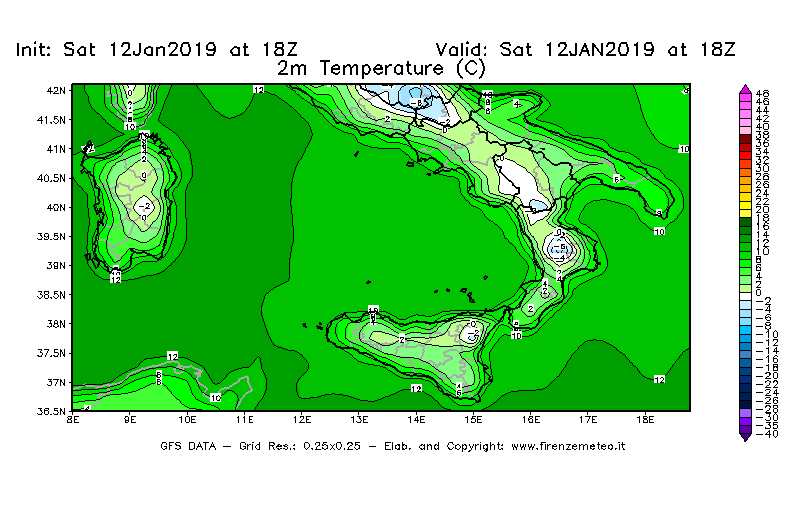 Mappa di analisi GFS - Temperatura a 2 metri dal suolo [°C] in Sud-Italia
							del 12/01/2019 18 <!--googleoff: index-->UTC<!--googleon: index-->