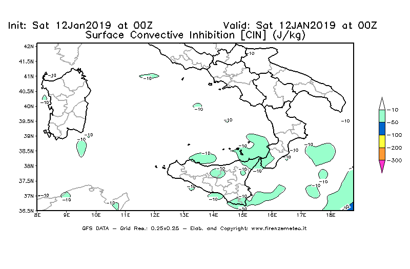Mappa di analisi GFS - CIN [J/kg] in Sud-Italia
									del 12/01/2019 00 <!--googleoff: index-->UTC<!--googleon: index-->