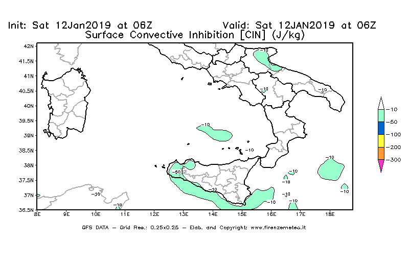 Mappa di analisi GFS - CIN [J/kg] in Sud-Italia
							del 12/01/2019 06 <!--googleoff: index-->UTC<!--googleon: index-->