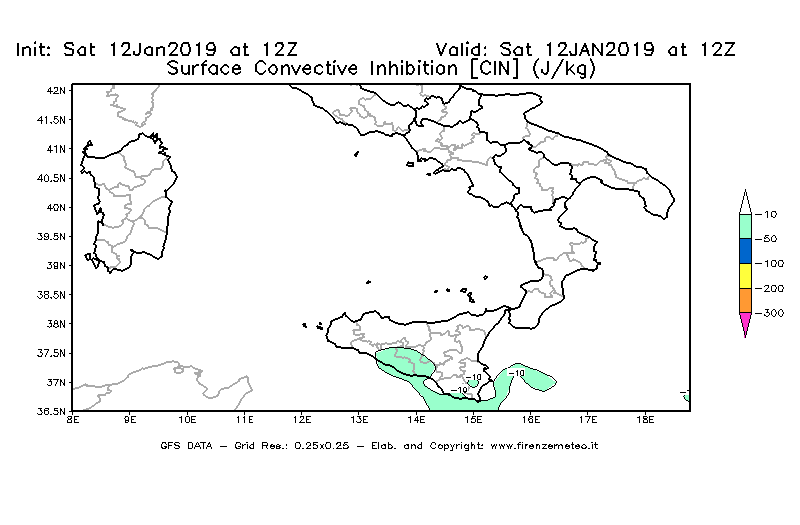 Mappa di analisi GFS - CIN [J/kg] in Sud-Italia
									del 12/01/2019 12 <!--googleoff: index-->UTC<!--googleon: index-->