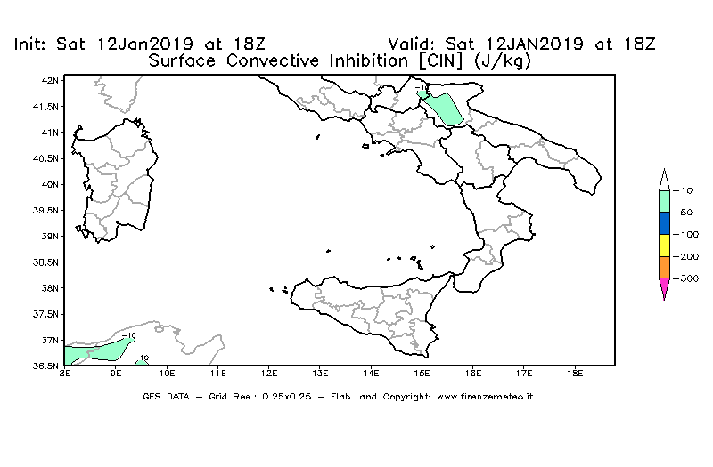 Mappa di analisi GFS - CIN [J/kg] in Sud-Italia
									del 12/01/2019 18 <!--googleoff: index-->UTC<!--googleon: index-->