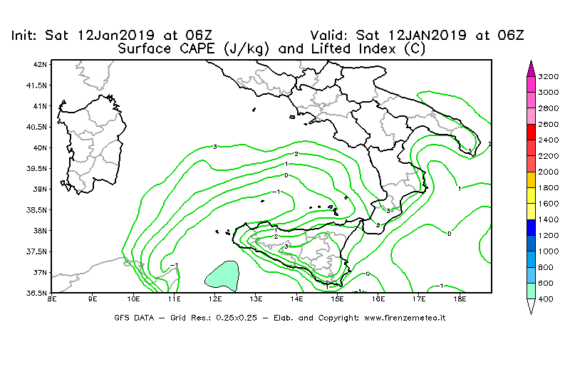 Mappa di analisi GFS - CAPE [J/kg] e Lifted Index [°C] in Sud-Italia
									del 12/01/2019 06 <!--googleoff: index-->UTC<!--googleon: index-->