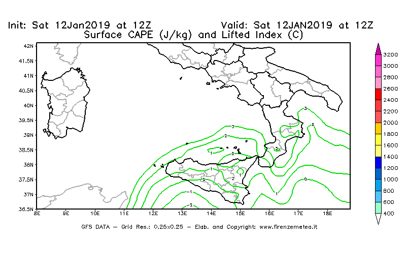 Mappa di analisi GFS - CAPE [J/kg] e Lifted Index [°C] in Sud-Italia
									del 12/01/2019 12 <!--googleoff: index-->UTC<!--googleon: index-->