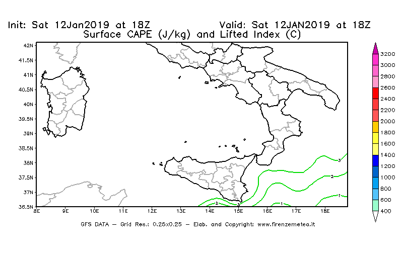 Mappa di analisi GFS - CAPE [J/kg] e Lifted Index [°C] in Sud-Italia
							del 12/01/2019 18 <!--googleoff: index-->UTC<!--googleon: index-->