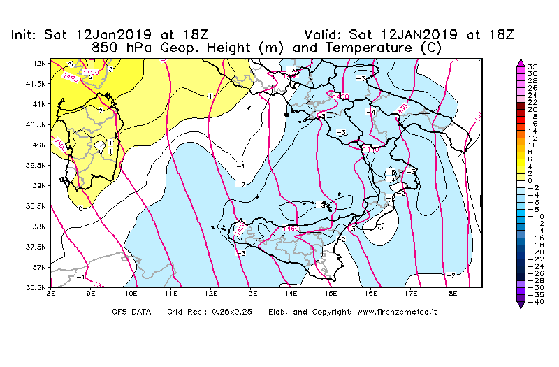 Mappa di analisi GFS - Geopotenziale [m] e Temperatura [°C] a 850 hPa in Sud-Italia
							del 12/01/2019 18 <!--googleoff: index-->UTC<!--googleon: index-->
