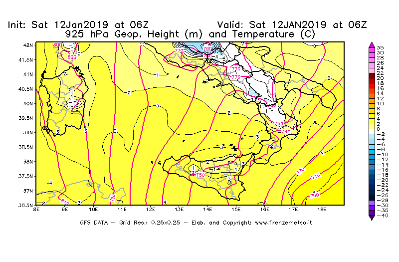 Mappa di analisi GFS - Geopotenziale [m] e Temperatura [°C] a 925 hPa in Sud-Italia
									del 12/01/2019 06 <!--googleoff: index-->UTC<!--googleon: index-->