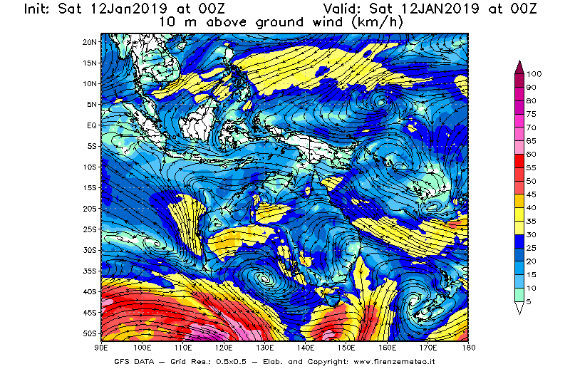 Mappa di analisi GFS - Velocità del vento a 10 metri dal suolo [km/h] in Oceania
									del 12/01/2019 00 <!--googleoff: index-->UTC<!--googleon: index-->