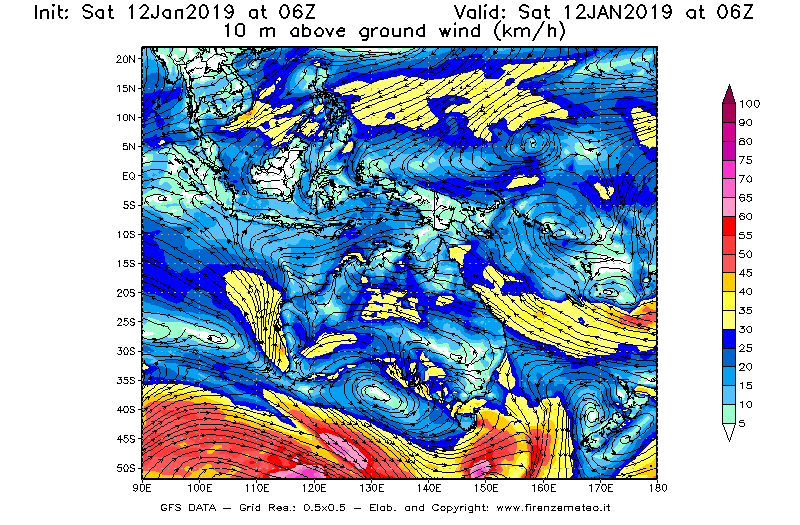 Mappa di analisi GFS - Velocità del vento a 10 metri dal suolo [km/h] in Oceania
							del 12/01/2019 06 <!--googleoff: index-->UTC<!--googleon: index-->